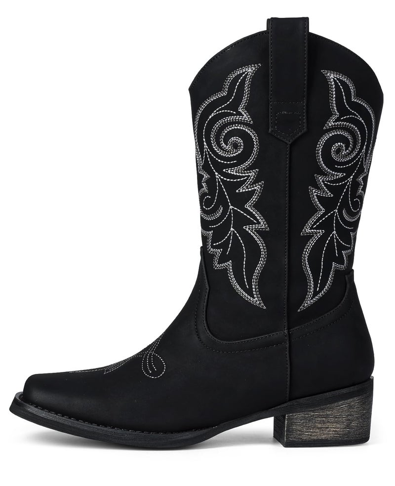 Pasuot Western Cowboy Boots for Women - Black Square Toe Mid Calf Cowgirl Boots, Low Chunky Heel Country Boot with Classic Retro Embroidery Pull On for Ladies Rodeo Festival Concert US 8 - Image 4