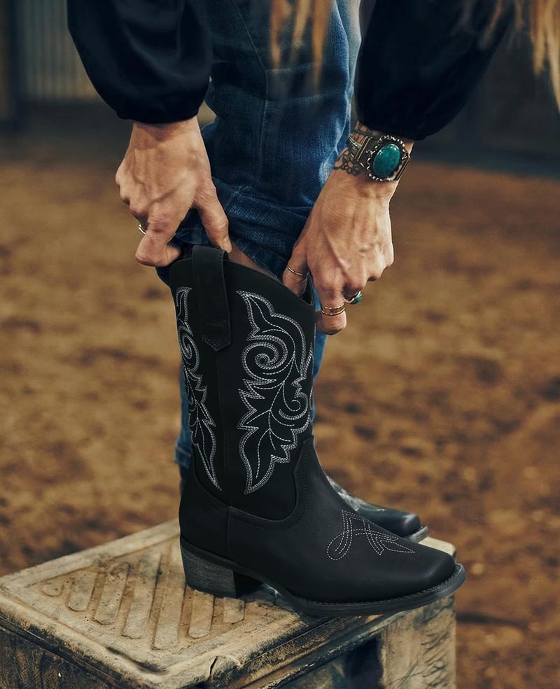 Pasuot Western Cowboy Boots for Women - Black Square Toe Mid Calf Cowgirl Boots, Low Chunky Heel Country Boot with Classic Retro Embroidery Pull On for Ladies Rodeo Festival Concert US 8 - Image 3