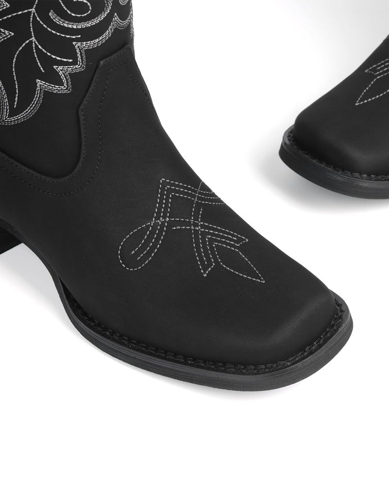 Pasuot Western Cowboy Boots for Women - Black Square Toe Mid Calf Cowgirl Boots, Low Chunky Heel Country Boot with Classic Retro Embroidery Pull On for Ladies Rodeo Festival Concert US 8 - Image 5