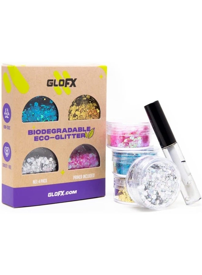 GloFX Biodegradable Makeup Glitter Combination 4 Pack for Hair, Face and Body | Perfect Festival and Rave Makeup Accessory