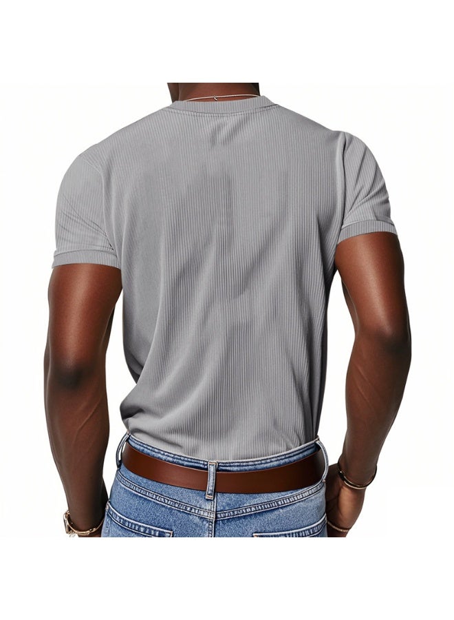 Summer Loose Casual Breathable Men's V-neck T-shirt Skin-friendly Trendy Corduroy Short Sleeves - Image 3