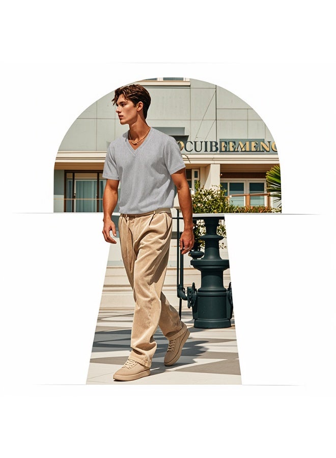Summer Loose Casual Breathable Men's V-neck T-shirt Skin-friendly Trendy Corduroy Short Sleeves - Image 4