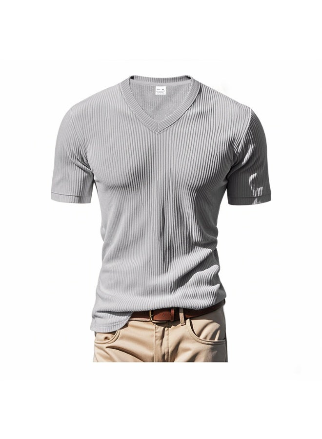 Summer Loose Casual Breathable Men's V-neck T-shirt Skin-friendly Trendy Corduroy Short Sleeves - Image 1