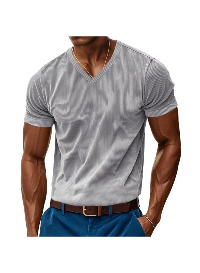 Summer Loose Casual Breathable Men's V-neck T-shirt Skin-friendly Trendy Corduroy Short Sleeves - Image 2
