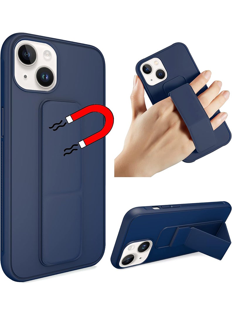 رفع القضية جراب متوافق مع هاتف Apple iPhone 14/13 مع حامل مغناطيسي وحامل، جراب وحامل حزام إصبع من السيليكون الممتاز مع حامل تثبيت في السيارة - أزرق داكن - Image 1