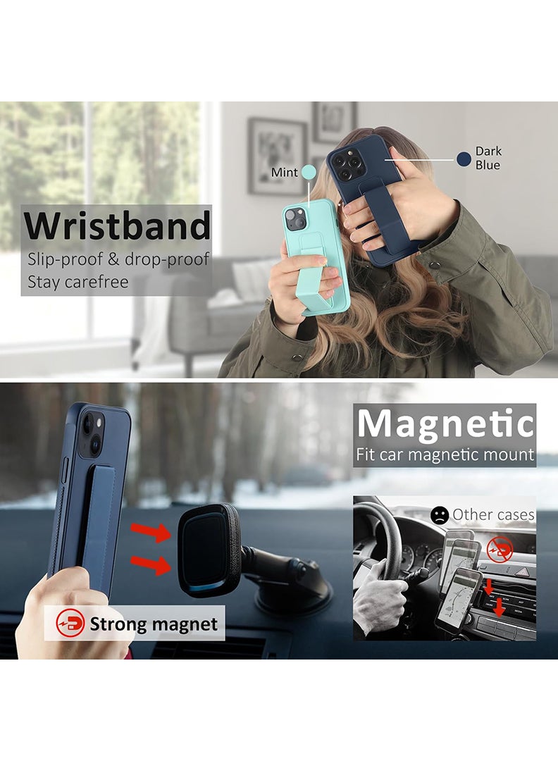 رفع القضية جراب متوافق مع هاتف Apple iPhone 14/13 مع حامل مغناطيسي وحامل، جراب وحامل حزام إصبع من السيليكون الممتاز مع حامل تثبيت في السيارة - أزرق داكن - Image 3