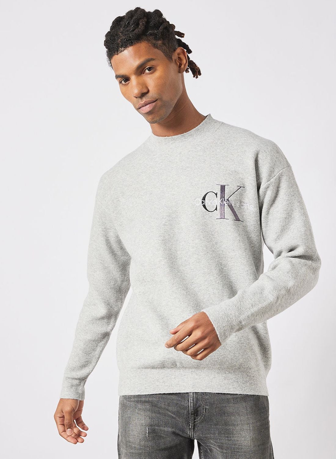 Buy Calvin Klein Jeans Grey Logo Crew Neck Sweater for Men in Bahrain