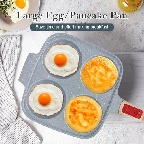 RANX INGST 10 inch Large Egg Pan with Lid, 4-Cup Ceramic Egg Frying Pan Nonstick Omelette Skillet with Detachable Handle Induction Compatible - Blue - Image 3