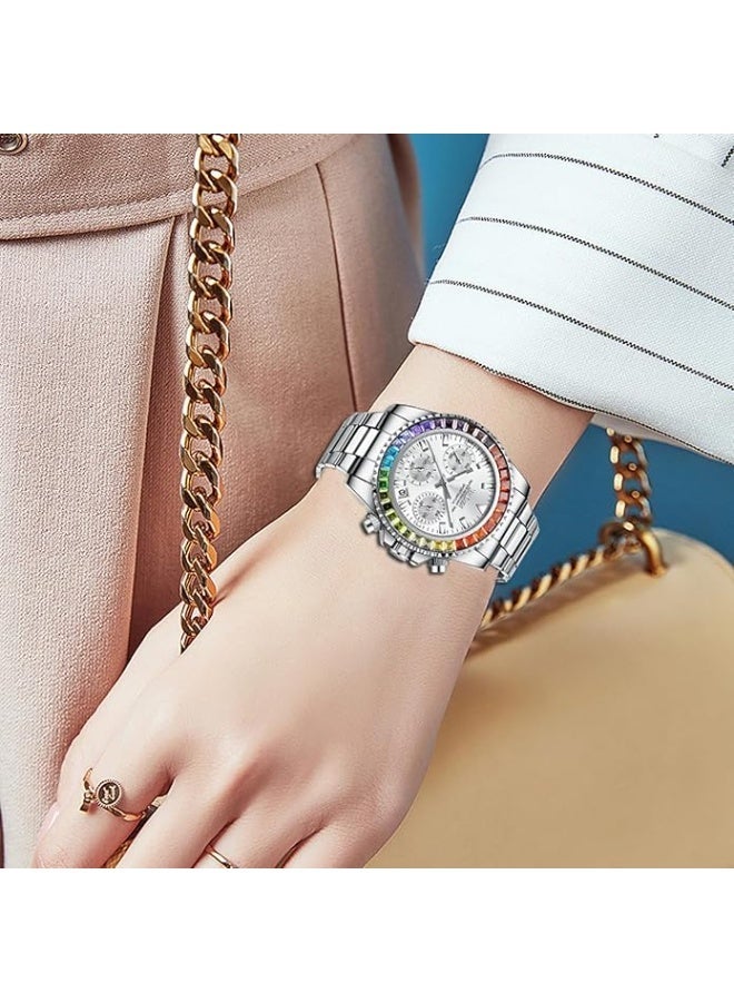 BIDEN Women Colorful Diamond Watches Chronograph Rotatable Bezel Mineral Glass Luminous Watch Stainless Steel Waterproof Date Analog Quartz Watch Fashion Business Dress Wristwatch - Image 3