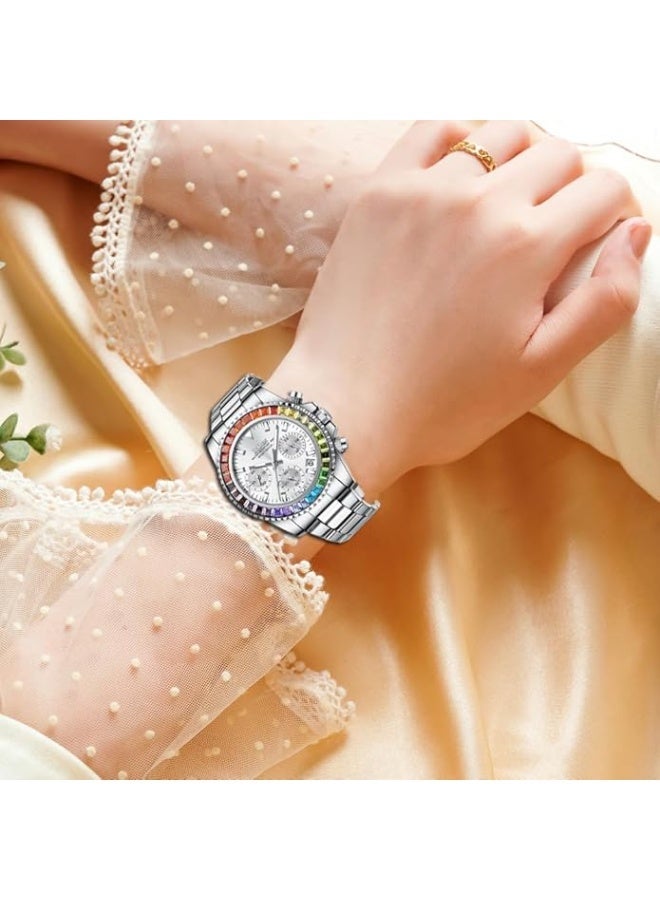 BIDEN Women Colorful Diamond Watches Chronograph Rotatable Bezel Mineral Glass Luminous Watch Stainless Steel Waterproof Date Analog Quartz Watch Fashion Business Dress Wristwatch - Image 4