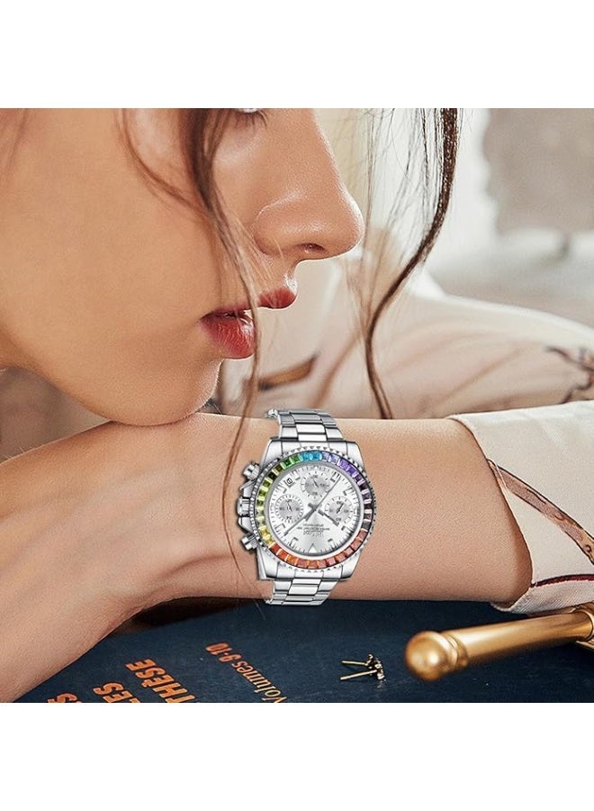 BIDEN Women Colorful Diamond Watches Chronograph Rotatable Bezel Mineral Glass Luminous Watch Stainless Steel Waterproof Date Analog Quartz Watch Fashion Business Dress Wristwatch - Image 2