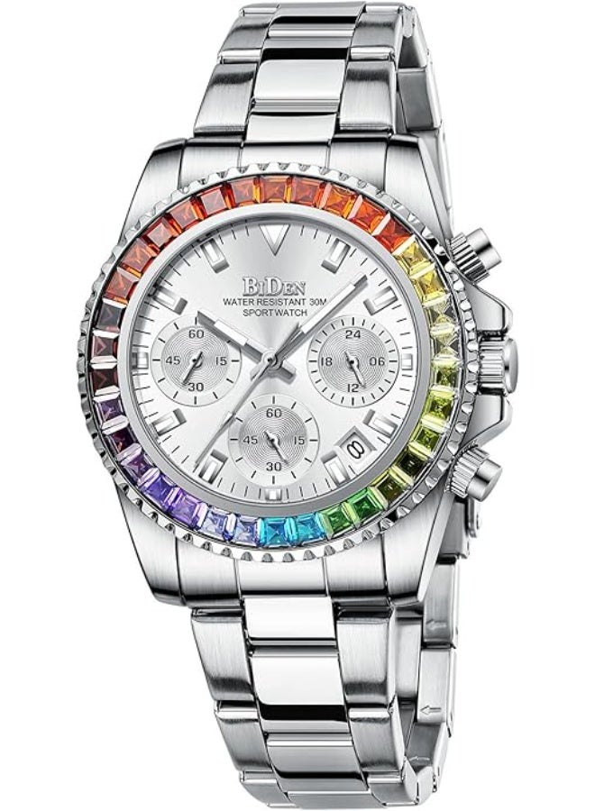 BIDEN Women Colorful Diamond Watches Chronograph Rotatable Bezel Mineral Glass Luminous Watch Stainless Steel Waterproof Date Analog Quartz Watch Fashion Business Dress Wristwatch - Image 1