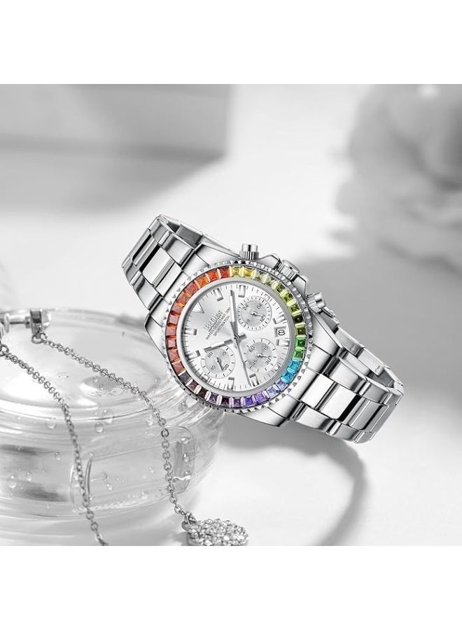 BIDEN Women Colorful Diamond Watches Chronograph Rotatable Bezel Mineral Glass Luminous Watch Stainless Steel Waterproof Date Analog Quartz Watch Fashion Business Dress Wristwatch - Image 5