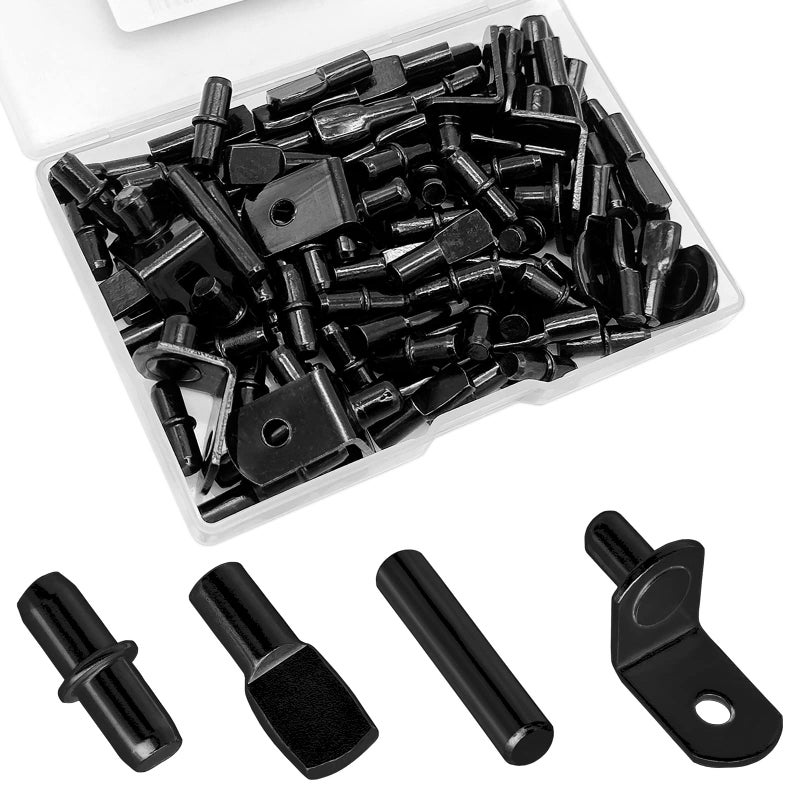 104Pcs Shelf Pins Pegs Kit 4 Styles Shelf Support Pegs Bookshelf Pegs For Shelves Cabinet Shelf Bracket Pegs Shelf Holders Pins For Kitchen Furniture & Closet (5Mm & 1/4 Inch Black)