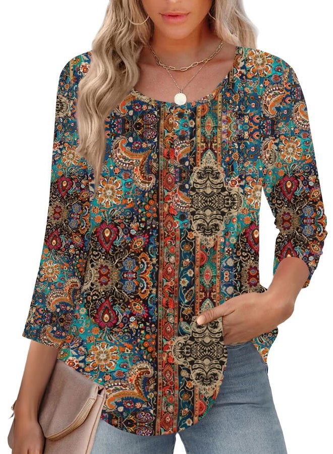zeagoo 3/4 Length Sleeve Womens Tops Round Neck Casual Summer Tunic Tops Basic Tees Blouses Dressy T-Shirts Pleated Shirts, Brown, 3XL - Image 2
