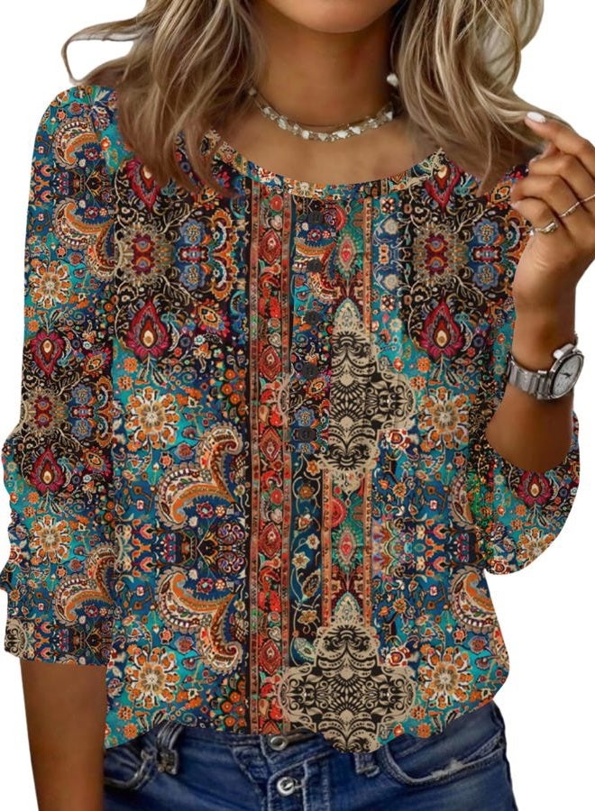 zeagoo 3/4 Length Sleeve Womens Tops Round Neck Casual Summer Tunic Tops Basic Tees Blouses Dressy T-Shirts Pleated Shirts, Brown, 3XL - Image 1