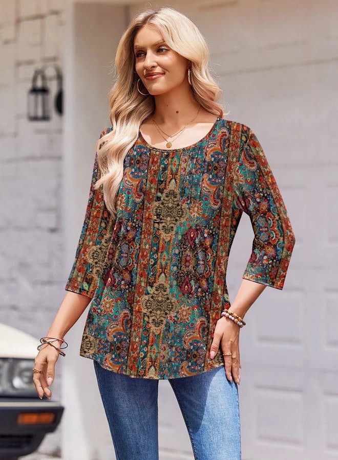 zeagoo 3/4 Length Sleeve Womens Tops Round Neck Casual Summer Tunic Tops Basic Tees Blouses Dressy T-Shirts Pleated Shirts, Brown, 3XL - Image 3
