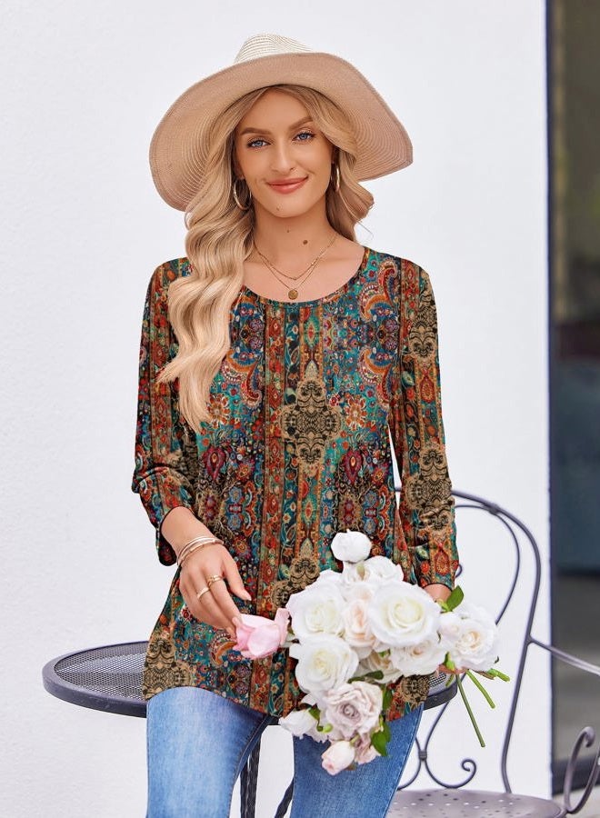 zeagoo 3/4 Length Sleeve Womens Tops Round Neck Casual Summer Tunic Tops Basic Tees Blouses Dressy T-Shirts Pleated Shirts, Brown, 3XL - Image 5