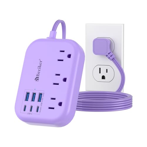 Beeiker 6 USB(3 USB C) Purple Travel Power Strip- 5Ft Purple Extension Cord with USB Charging Station 24W and 3 Outlets, Pink Desk Accessories for Cruise Travel Cute Kawaii Lavender Home Office Dorm Room - Image 1
