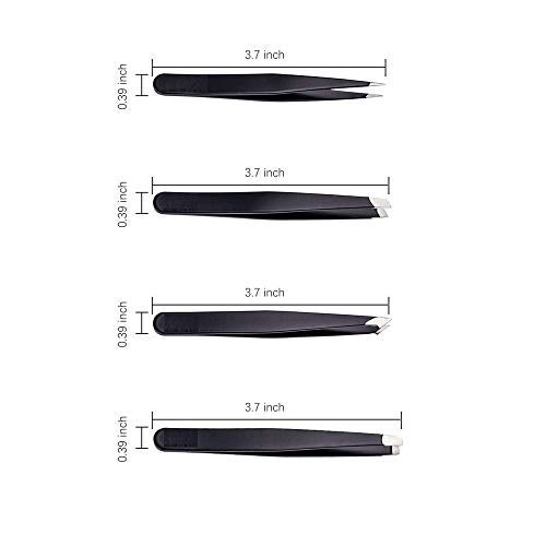 NJ Stainless Steel Slant Tip and Pointed Eyebrow Tweezer Set with travel case, 4 Pcs (Black) - Image 3