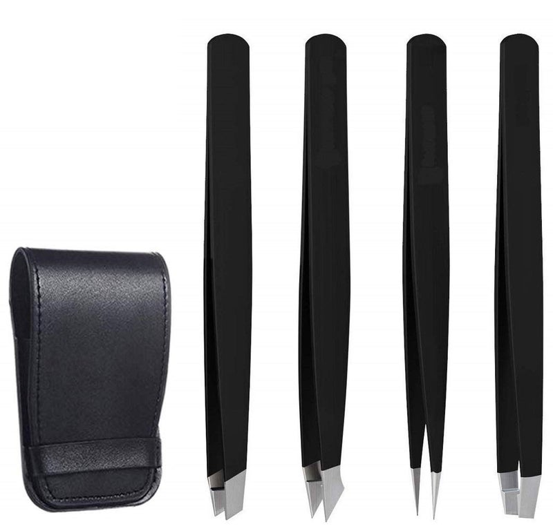 NJ Stainless Steel Slant Tip and Pointed Eyebrow Tweezer Set with travel case, 4 Pcs (Black) - Image 1