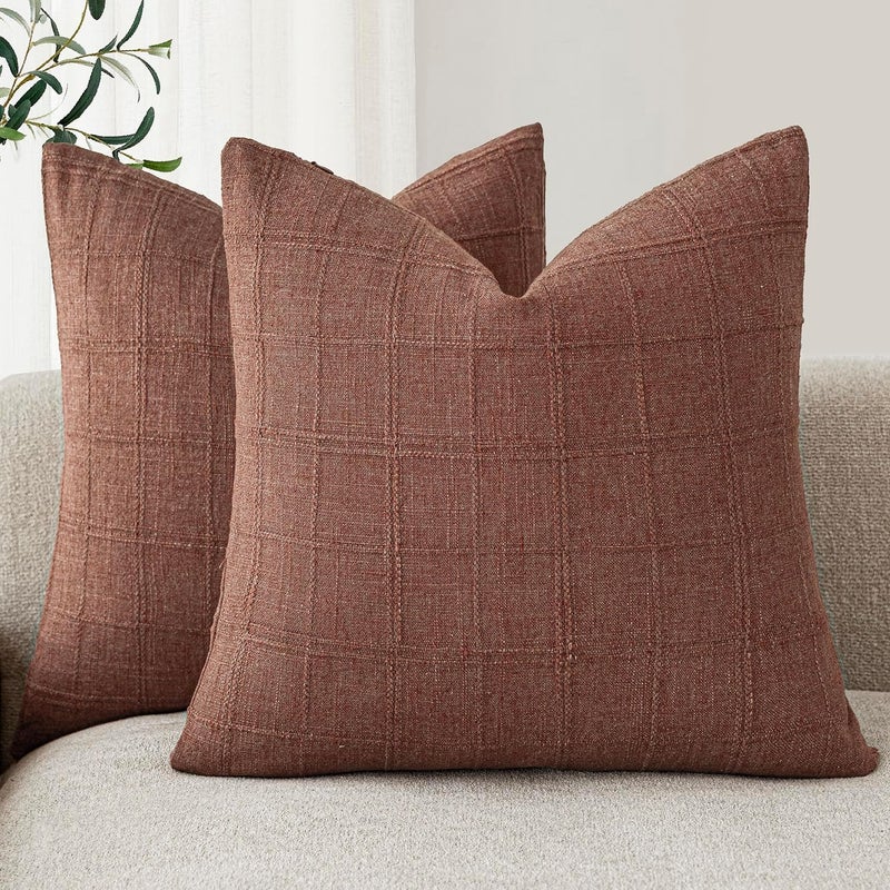 Foindtower Set of 2 Decorative Linen Check Throw Pillow Covers Neutral Farmhouse Vintage Cushion Covers Modern Boho Home Decor for Sofa Chair Couch Bedroom Living Room,18×18 Inch,Autumnal Red - Image 1