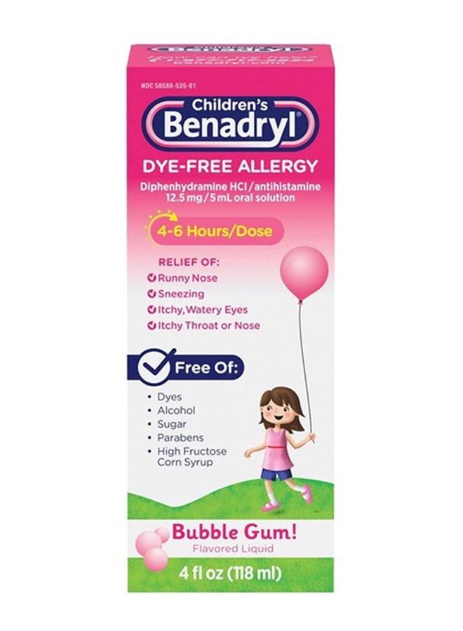 Benadryl دواء سائل خالي من الصبغات للحساسية مع ديفينهيدرامين هيدروكلوريد - دواء مضاد للهستامين لتخفيف الحساسية بنكهة العلكة 4 أونصات سائلة - Image 1