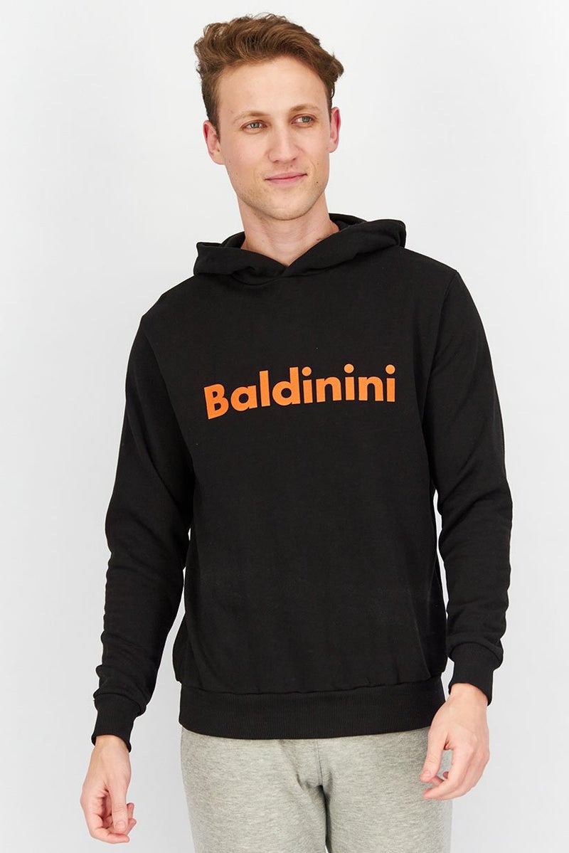Baldinini سويت شيرت بقلنسوة للرجال بشعار العلامة التجارية بأكمام طويلة، أسود وبرتقالي - Image 1