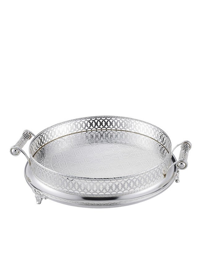 تراست صينية تقديم دائرية مزخرفة من الستانلس ستيل المقاوم للصدأ بمقابض وأرجل، فضي، 40 سم - Image 1