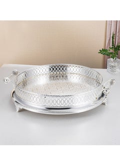 Trust Round Decorative Stainless Steel Serving Tray With Handles & Legs, Silver 40CM  - Image 2
