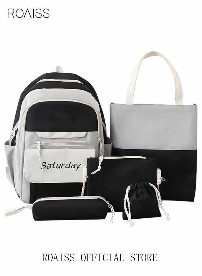 roaiss 5Pcs Letter Graphic Colorblock Kawaii  Backpack Set Cute Clear Large Capacity Backpack Preppy Shoulder Totes Pencil Case for Girls Boys Middle School Students (Black/Grey)  - Image 1