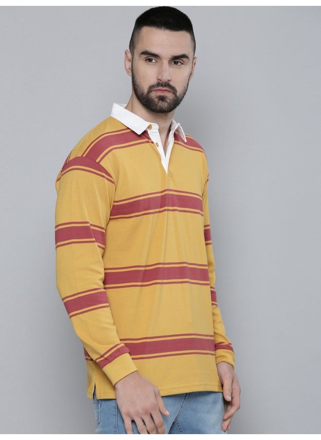Maniac Mens Auto Striped Polo Neck Full Sleeve Yellow and Red Cotton Oversized T-Shirt  - Image 5