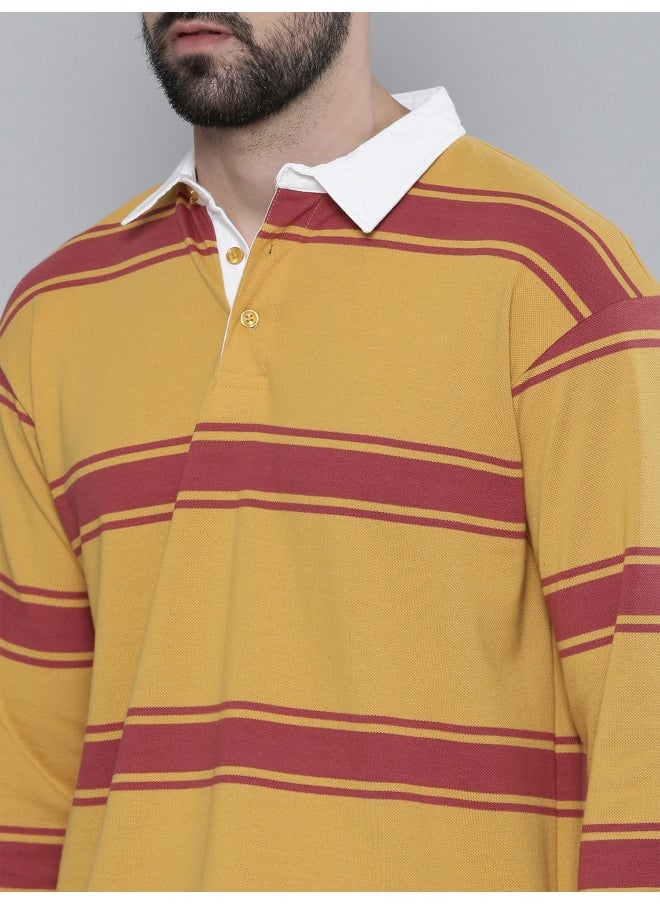 Maniac Mens Auto Striped Polo Neck Full Sleeve Yellow and Red Cotton Oversized T-Shirt  - Image 3