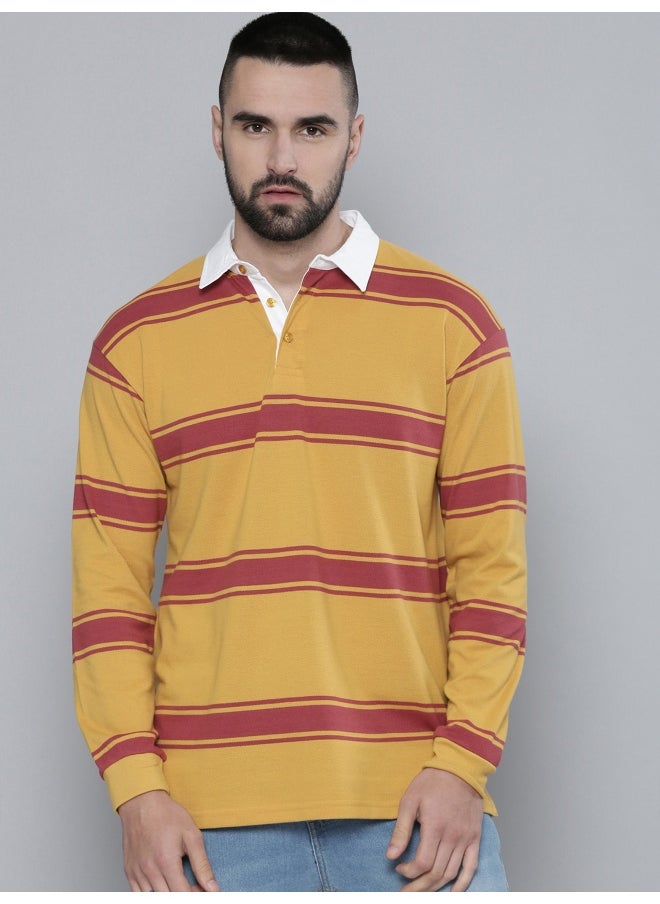 Maniac Mens Auto Striped Polo Neck Full Sleeve Yellow and Red Cotton Oversized T-Shirt  - Image 4
