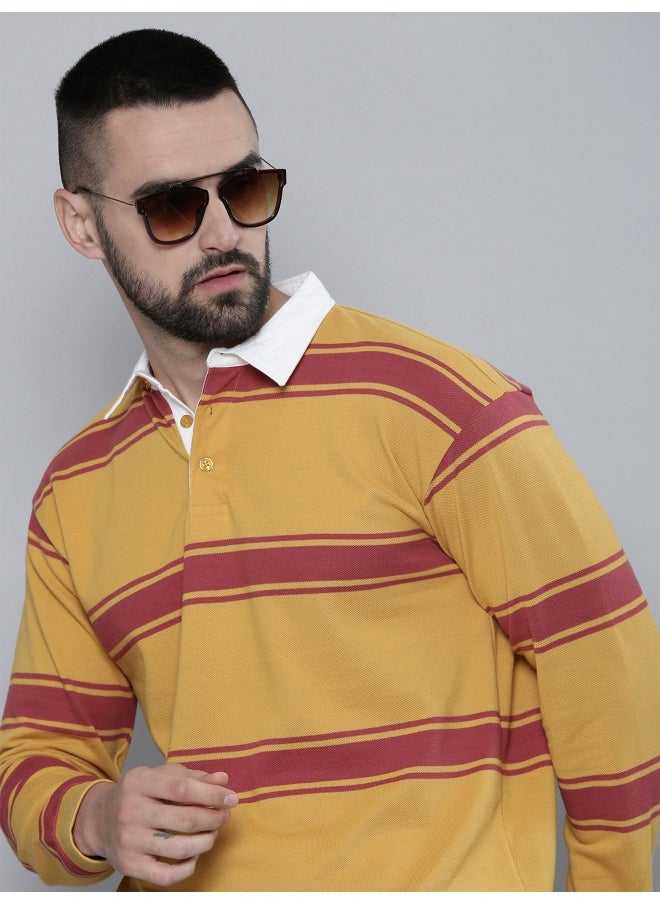 Maniac Mens Auto Striped Polo Neck Full Sleeve Yellow and Red Cotton Oversized T-Shirt  - Image 1