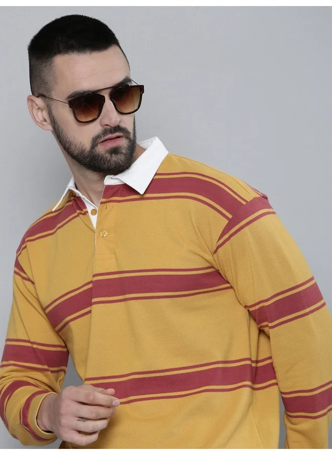 مانياك Mens Auto Striped Polo Neck Full Sleeve Yellow and Red Cotton Oversized T-Shirt