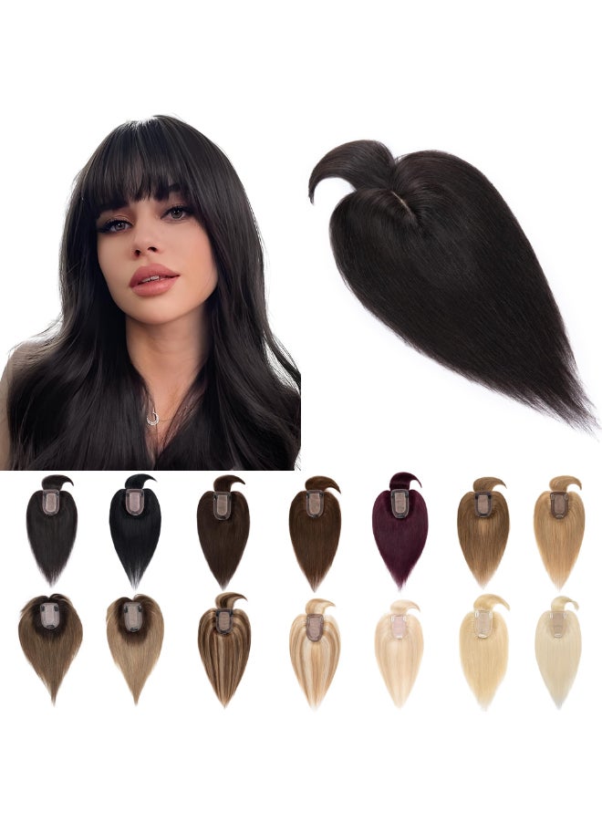 SEGO Hair Toppers for Women Real Human Hair With Bangs 7 13CM Silk Base 100 Remy Human Hair Clip in Top Wiglet Hairpieces Add Volume 14 Inch Natural Black - Image 2