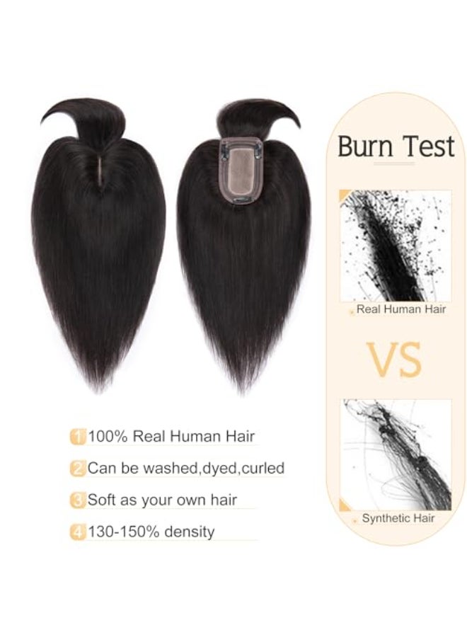 SEGO Hair Toppers for Women Real Human Hair With Bangs 7 13CM Silk Base 100 Remy Human Hair Clip in Top Wiglet Hairpieces Add Volume 14 Inch Natural Black - Image 3
