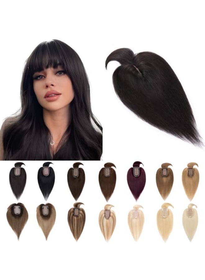 SEGO Hair Toppers for Women Real Human Hair With Bangs 7 13CM Silk Base 100 Remy Human Hair Clip in Top Wiglet Hairpieces Add Volume 14 Inch Natural Black - Image 1