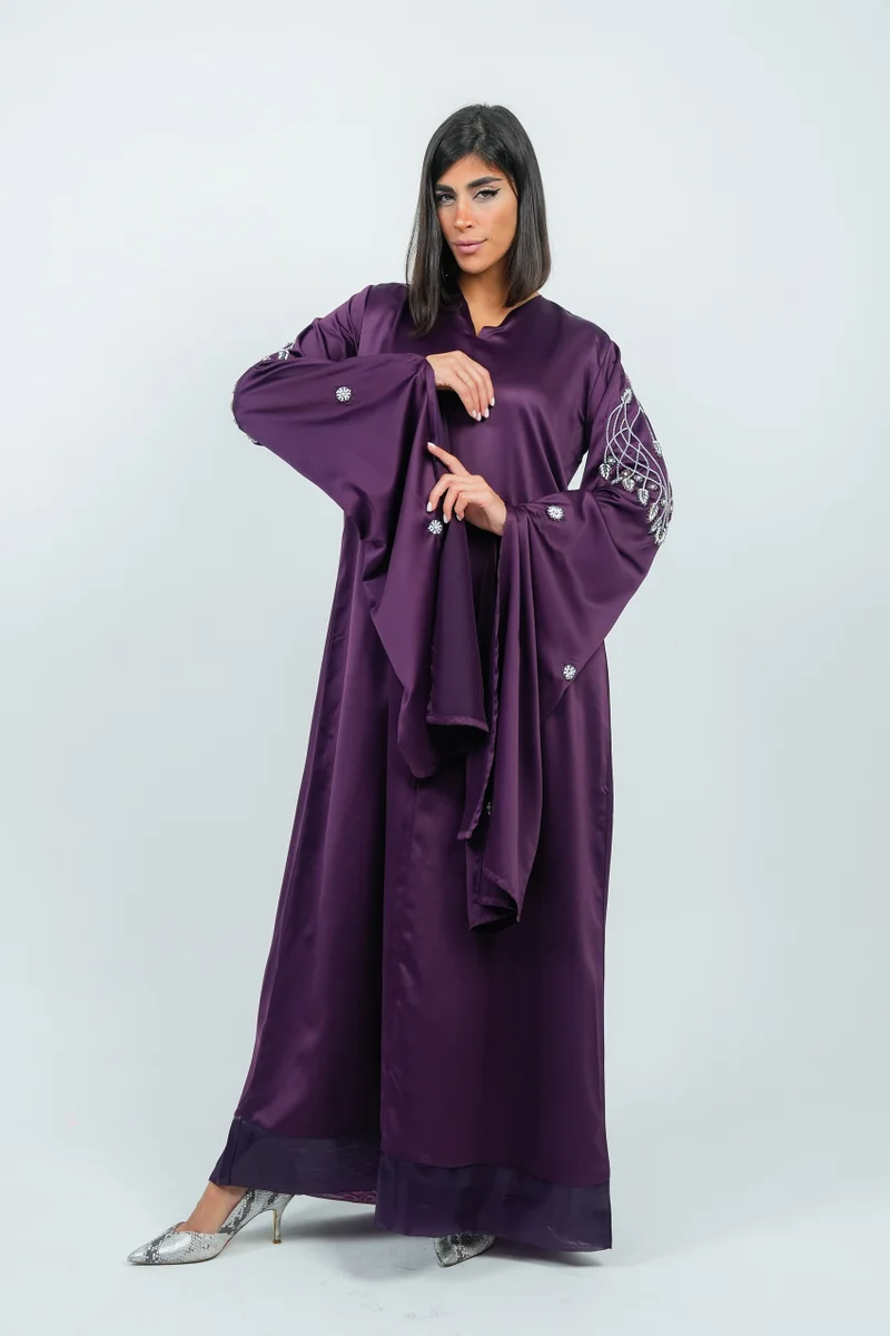 Rosette Abaya Purple Dress With Long  Embroidery Sleeves design