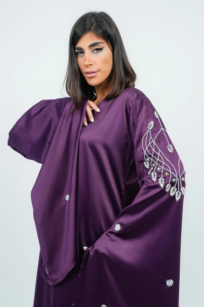 Rosette Abaya Purple Dress With Long  Embroidery Sleeves design