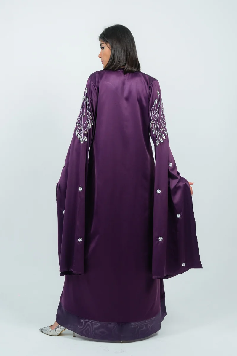 Rosette Abaya Purple Dress With Long  Embroidery Sleeves design