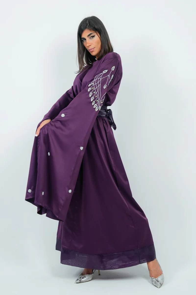 Rosette Abaya Purple Dress With Long  Embroidery Sleeves design