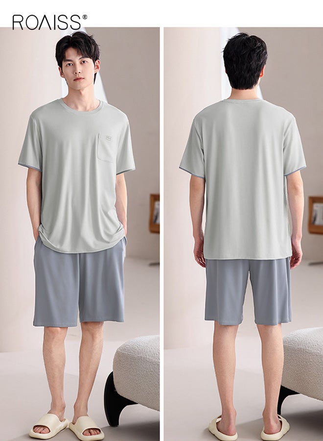 roaiss Mens 2pcs Pajamas Set Short Sleeve Top Shorts Modal Pjs Soft Comfy Casua Lightweight Nightwear Sleepwear Loungewear with Pocket Summer for Men - Image 2