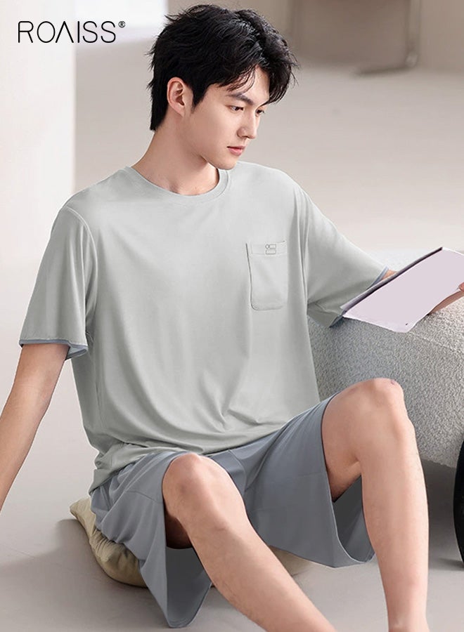 roaiss Mens 2pcs Pajamas Set Short Sleeve Top Shorts Modal Pjs Soft Comfy Casua Lightweight Nightwear Sleepwear Loungewear with Pocket Summer for Men - Image 1