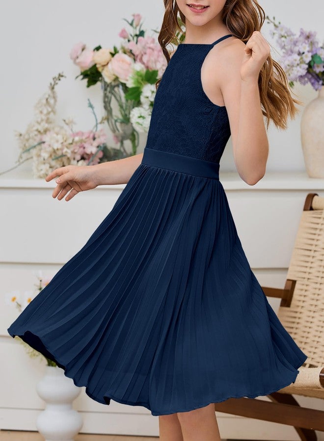 HOSIKA Girls Halter Neck Summer Sleeveless Elegant Floral Lace Chiffon A-Line Flared Swing Party Dress for 6-12 Y, Navy Blue, 12 Years - Image 5