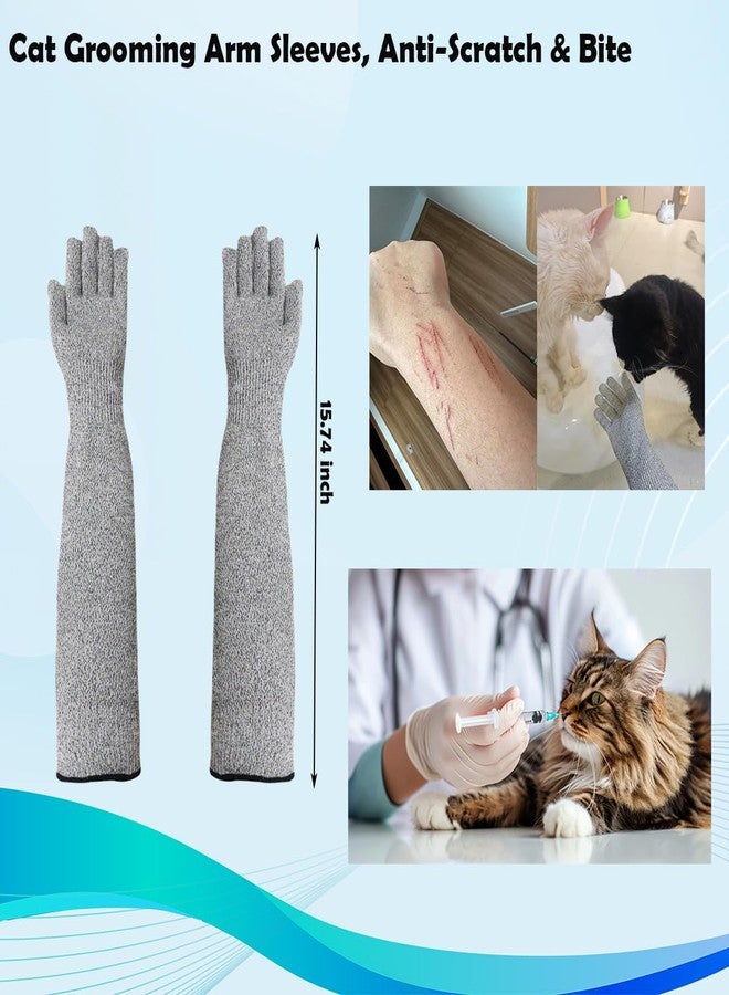 HAISENGO Pet Handling Gloves – 16" Extra-Long Cat Grooming Arm Sleeves, Anti-Scratch & Bite Resistant Protective Sleeves for Bathing & Nail Trimming (Gray) - Image 2