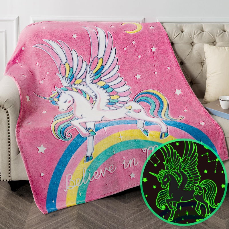 Levens Unicorn Blanket Gifts for Girls Kids - Glow in The Dark Toys Stars Best Christmas Birthday Valentine's Day Easter Present for Toddler Age 1 2 3 4 5 6 7 8 9 10 Year Old Child Rainbow Throw 50""x60"" - Image 1