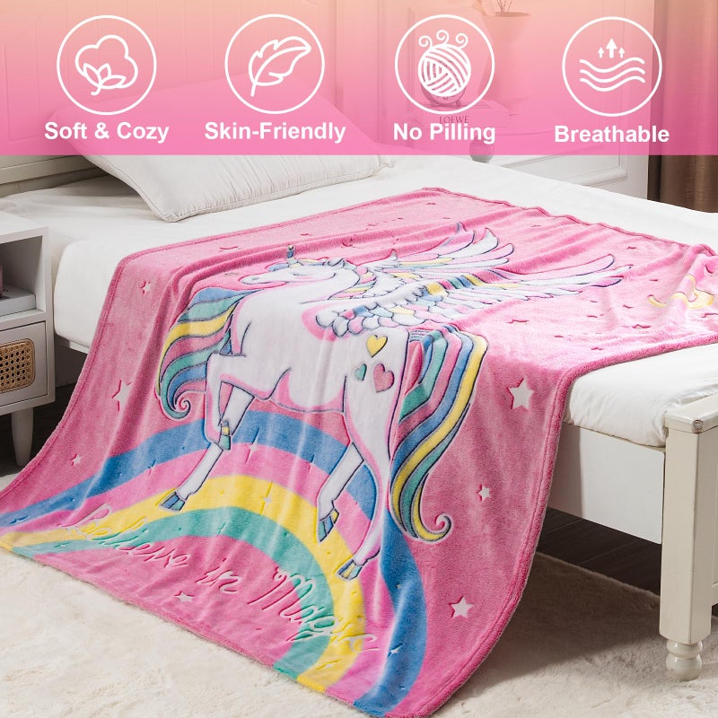 Levens Unicorn Blanket Gifts for Girls Kids - Glow in The Dark Toys Stars Best Christmas Birthday Valentine's Day Easter Present for Toddler Age 1 2 3 4 5 6 7 8 9 10 Year Old Child Rainbow Throw 50""x60"" - Image 2