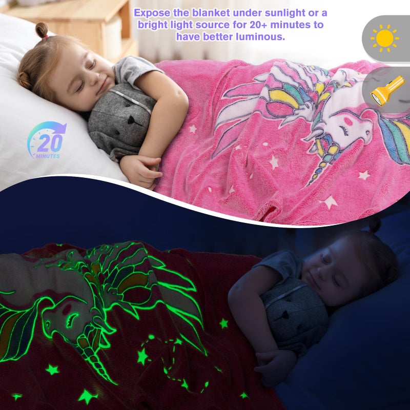 Levens Unicorn Blanket Gifts for Girls Kids - Glow in The Dark Toys Stars Best Christmas Birthday Valentine's Day Easter Present for Toddler Age 1 2 3 4 5 6 7 8 9 10 Year Old Child Rainbow Throw 50""x60"" - Image 4
